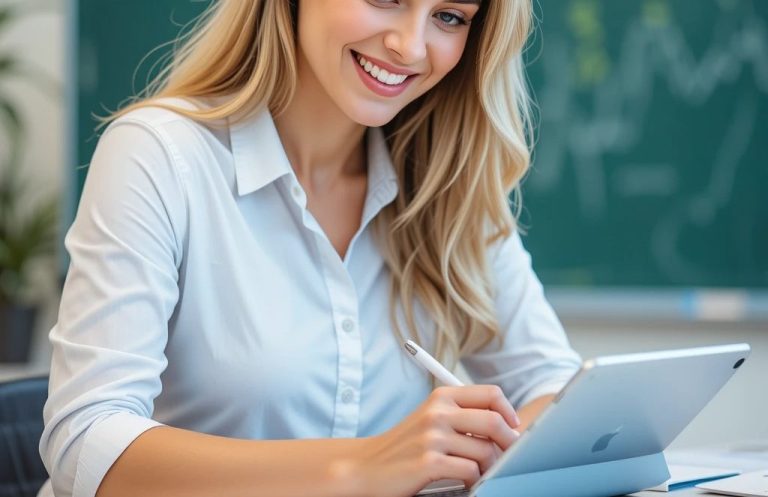 A lady teacher with a confident smile is taking notes on a tablet, to cater for individual learning needs and goals of her students.