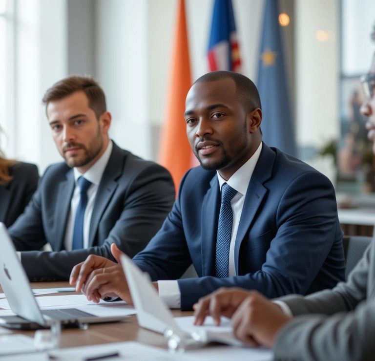 An international business meeting with flags in the background. Laptops and paper notes are used.