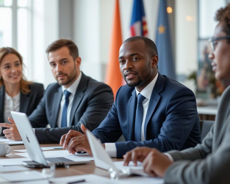 Businessmen discuss political topics relvant to their businesses.