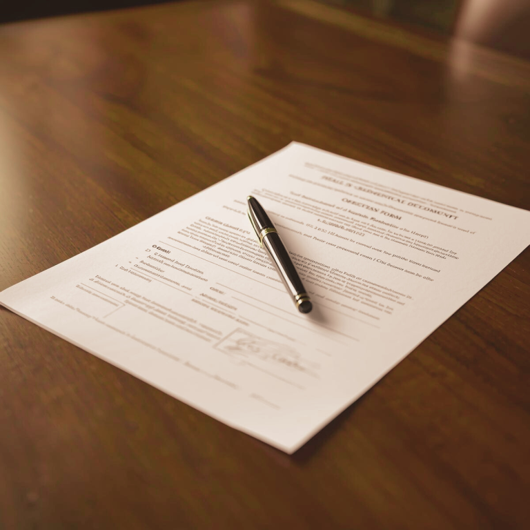 An official form on an office desk with a pen over it.