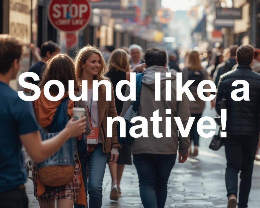 'Sound like a native!' is written on a background of a busy shopping street with people walking and smiling.