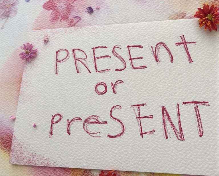 The word 'present' is written in two different ways to illustrate English syllable stress shift, with some slowers.