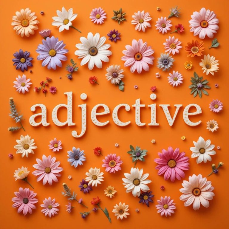 The word 'adjective' is written on an orange background scattered with flowers.
