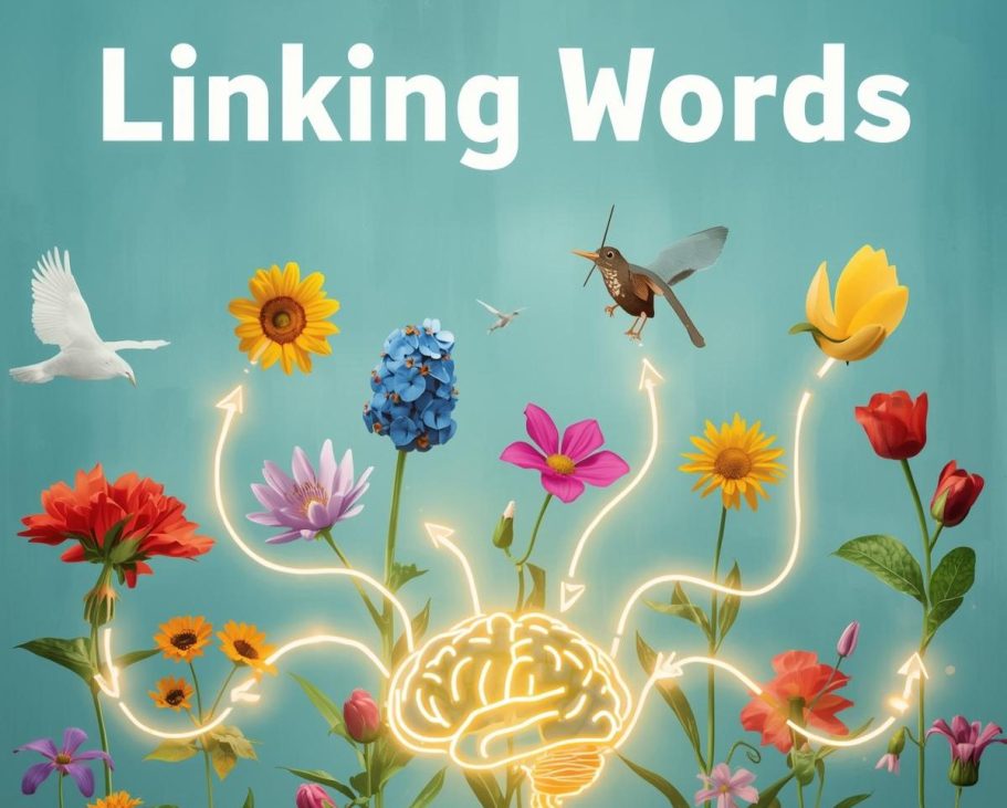 The glowing image of the human brain is linked to flowers and birds by glowing arrows -an illustration to 'Linking Words'.