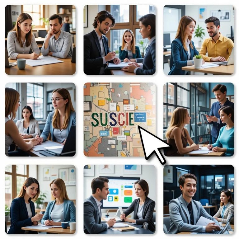 Nine pictures showing situations where people enjoy learning different English Advanced Level topics, an arrow in the middle to click online
