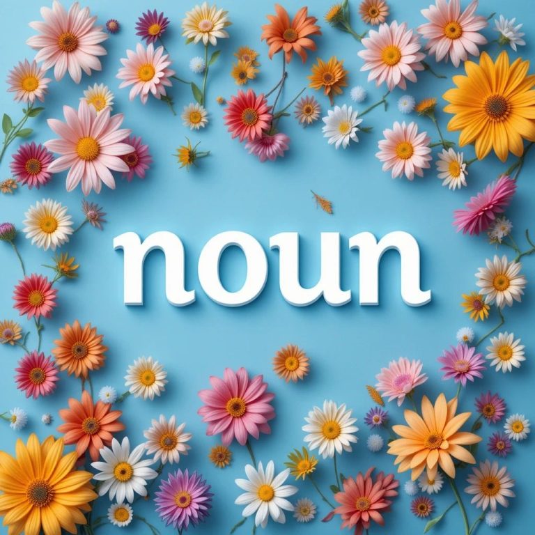 The word 'noun' is written on a blue background scattered with flowers.