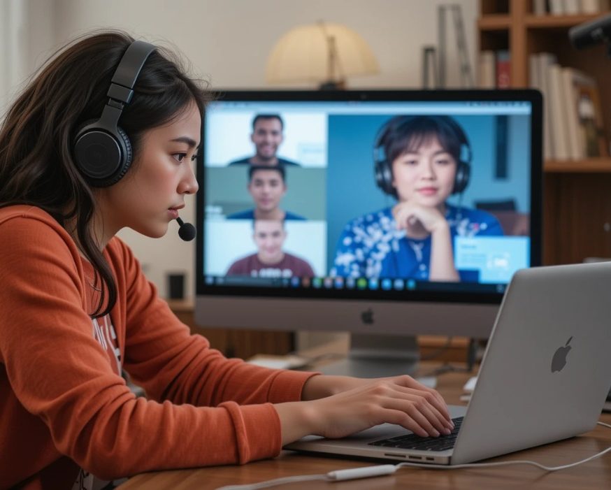 A young lady with laptop is taking part in a video call, other participants are on screen in the background.