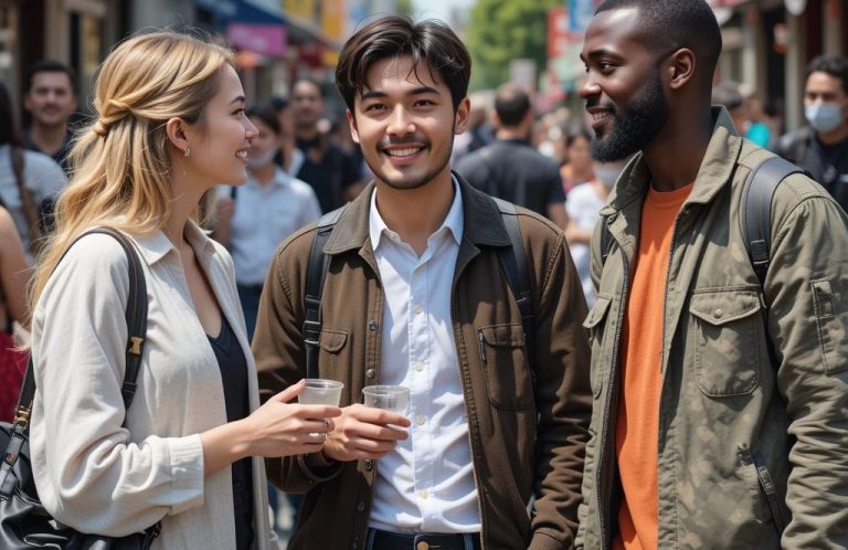 International English learners   with drinks enjoy chatting on a busy street- to illustrate a communicative teaching approach.