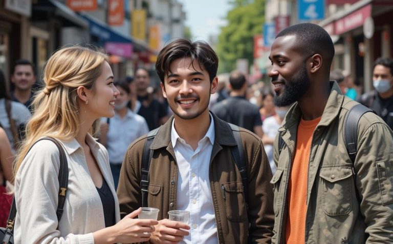 Three English learners from divers backgrounds are having a conversation on a busy street