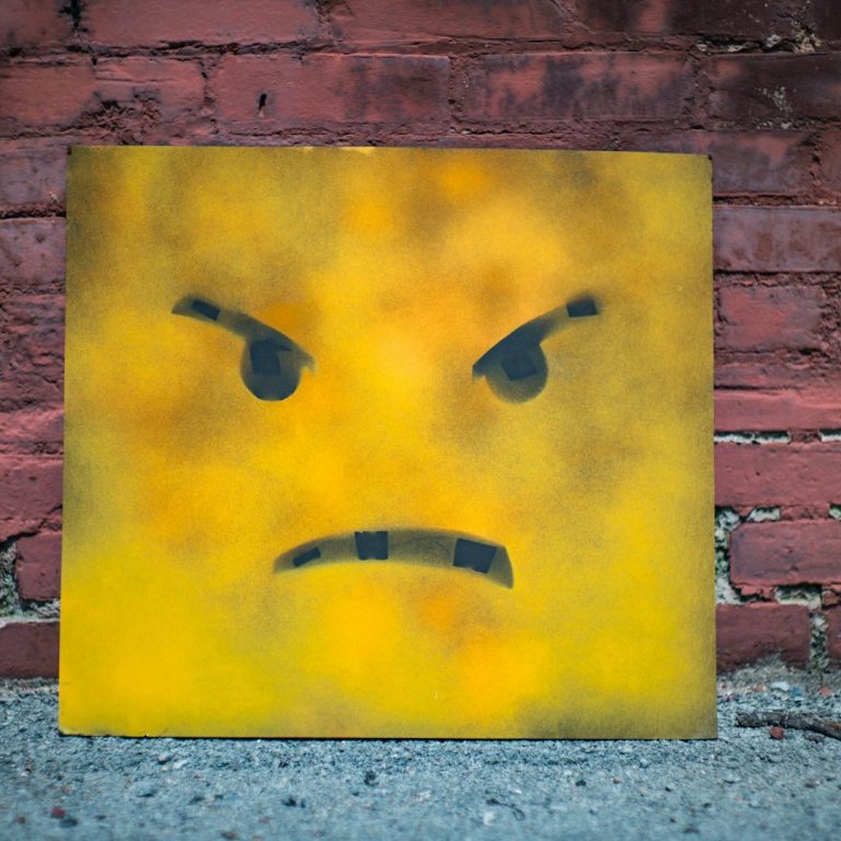 A square yellow smiley showing an angry face symbolises idioms involving emotions
