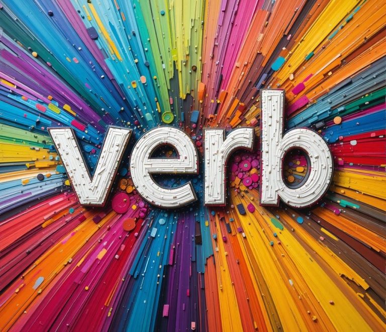The white word 'verb' is written on a colourful background-illustrating the topic of 'most common English verbs' for beginner learners.