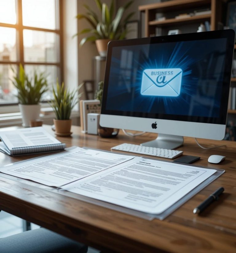 A computer screen with and email icon and business documents on the table-illustration to the 'business documents' topic