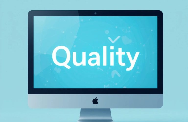 A blue computer screen displaying the word 'quality', referring to the English courses and teaching.