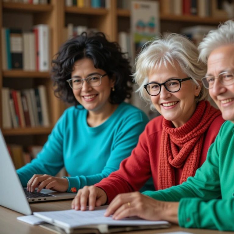 Mature, senior people are happily learning English online, attending online courses, and exploring resources on laptops.