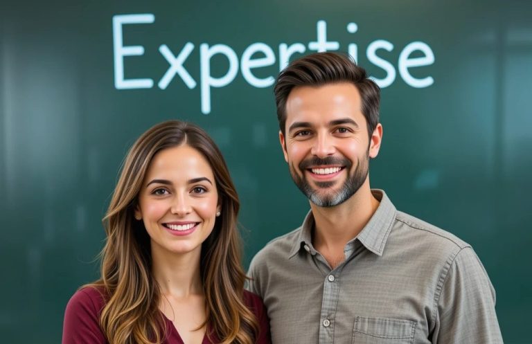 A female and a male teacher with an inviting, confident smile, with the word 'Expertise' written on a green digital board in the background.