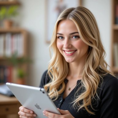 A happy and confident lady teacher of English with an iPad in hand is teaching online lessons