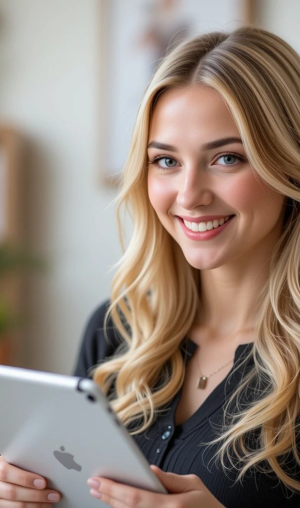 A blond young lady teacher with a tablet in her hand, smilin-an illustration to the page on the role of commas in English writing. 