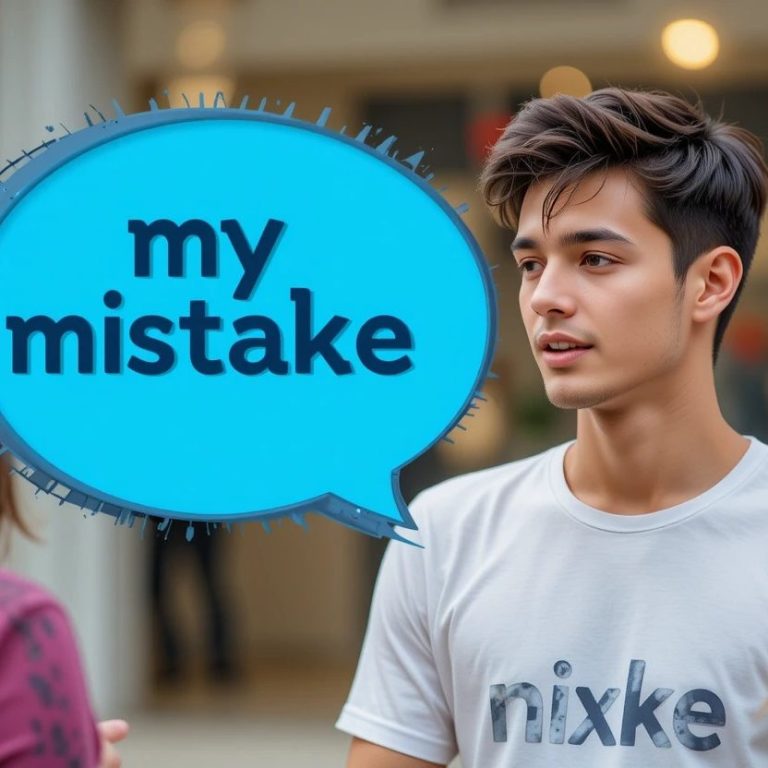 A young man who is learning to speaking English is in a conversation with someone, and a blue speech bubble with 'my mistake' written in it.