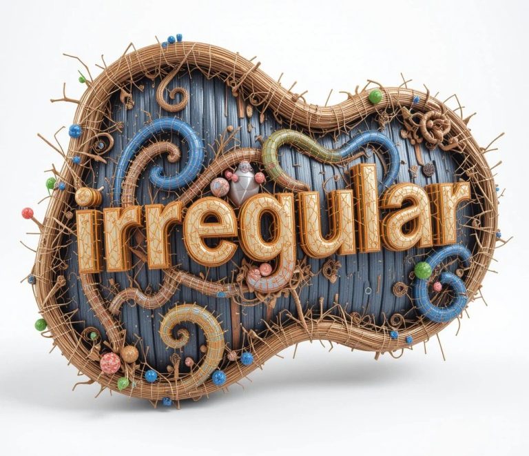 A textured, colourful, irregular amoeba shape with the word 'irregular' written on it-an illustration to English irregular verbs. 