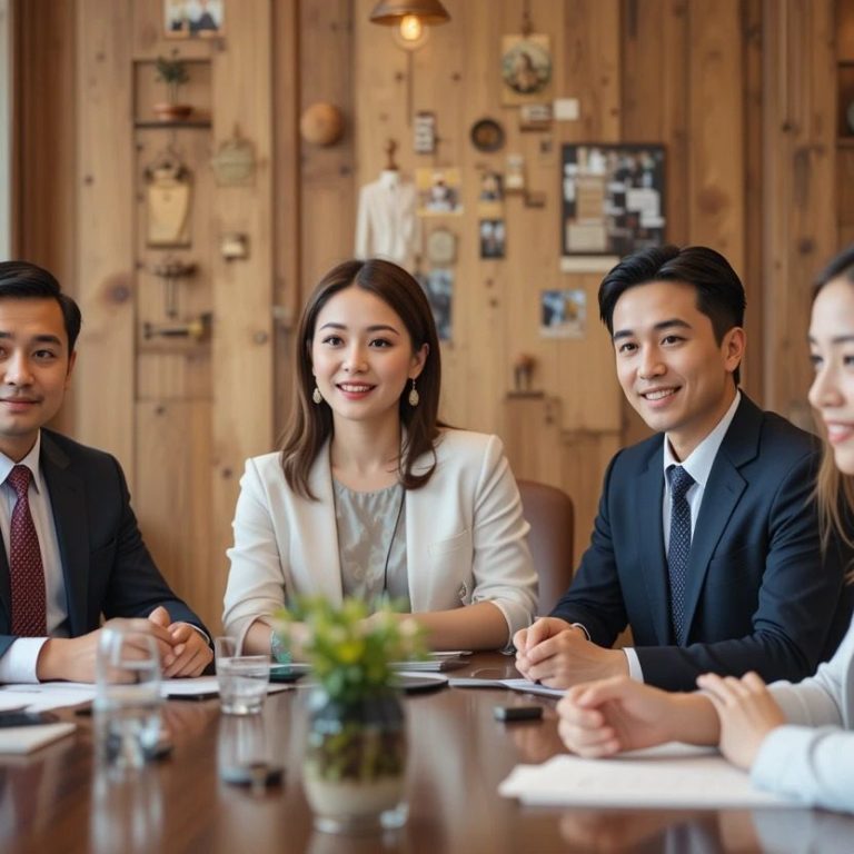 A business meeting involving Asian/Chinese participants with traditional and modern objects hanging on a wooden wall in the background.