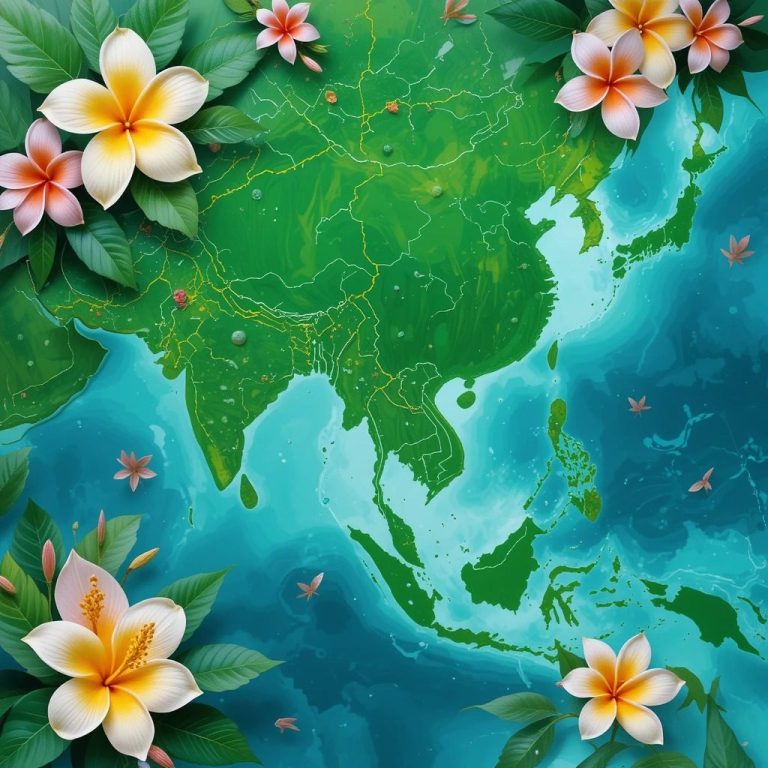A green map of Asia surrounded by blue sea and scattered frangipani flowers, illustrating the topic of Asian country names and demonyms.