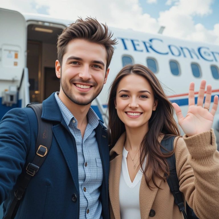 A happy couple is waving before embarking on a joyful English learning journey-an aircraft is in the background