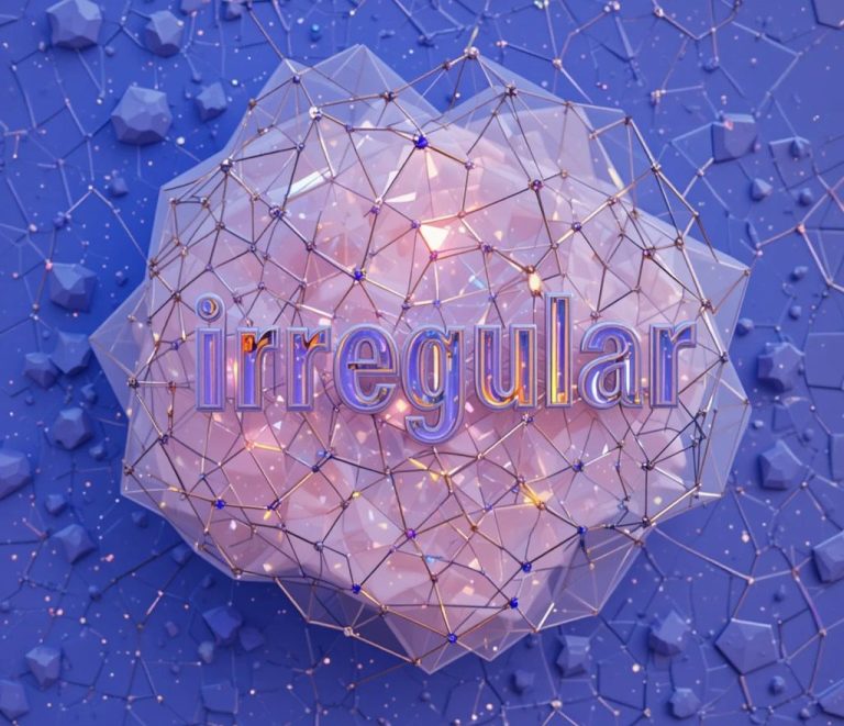  An irregular pink crystal rock shape on a purple background, with the word 'irregular' written on it-to illustrate English irregular verbs.