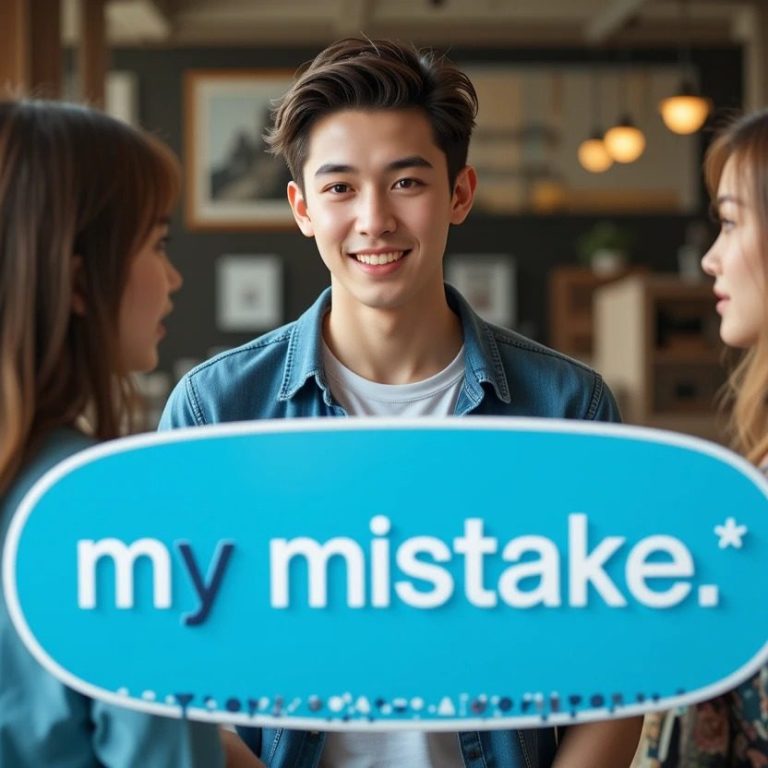 A young man who is learning to speak English is in a conversation with two ladies, and a blue speech bubble displaying 'my mistake'.