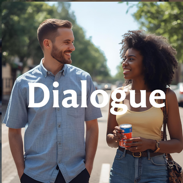 The word 'Dialogue' displayed; in the background a man and a woman are having a conversation  in the street in summer.