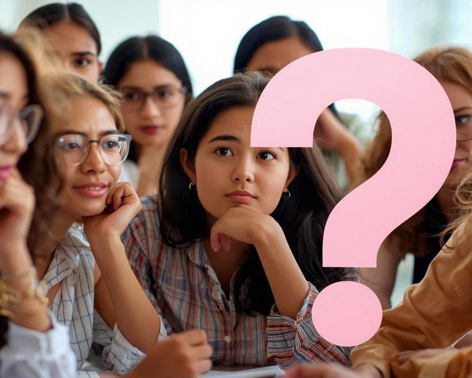 A group of adult learners are thinking about an answer - a big pink question mark in the foreground.