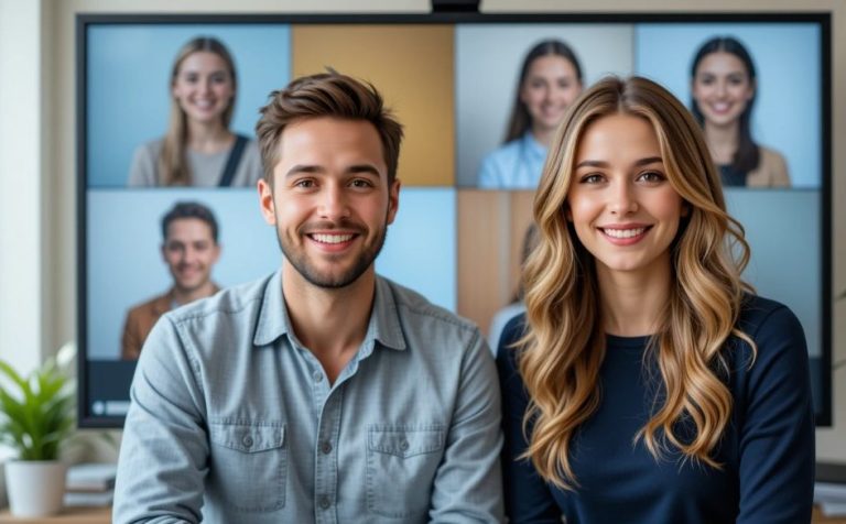 A male an female English teacher with inviting smiles in front of a screen with online learners