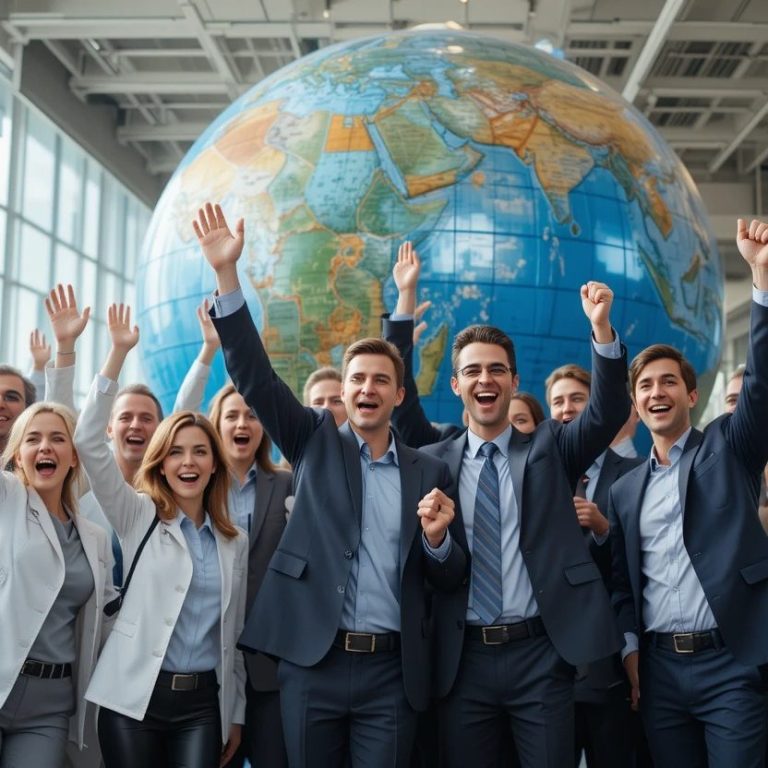 A group of successful business professionals lift their hands in the air-a huge globe in the background.