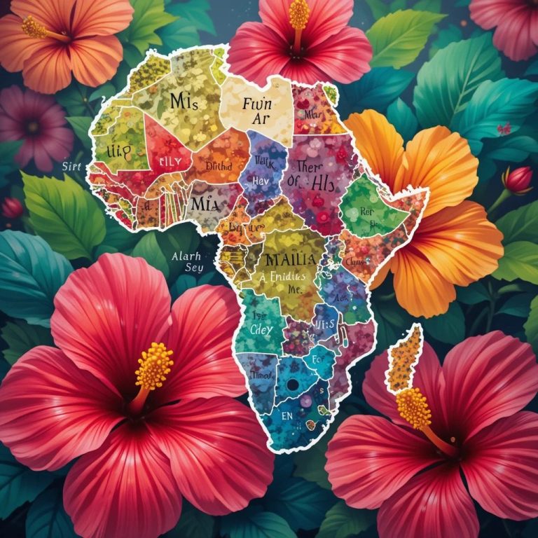 A colourful map of Africa with multi-coloured hibiscus flower background, illustrating the topic of African country names and demonyms.